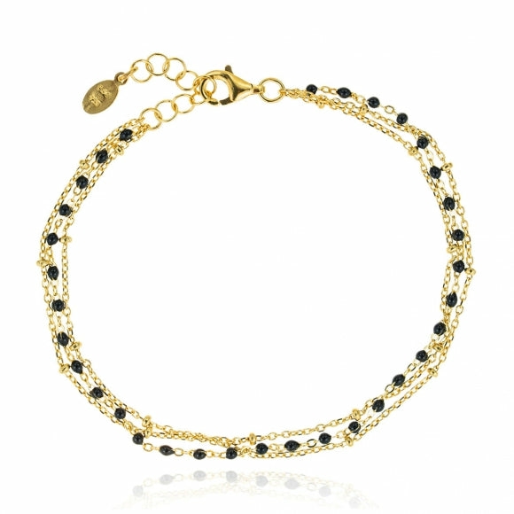 Simply Me/Tiny Shiny Double Chain Bracelet W/ Black Enamel Beads- Gold Bracelets