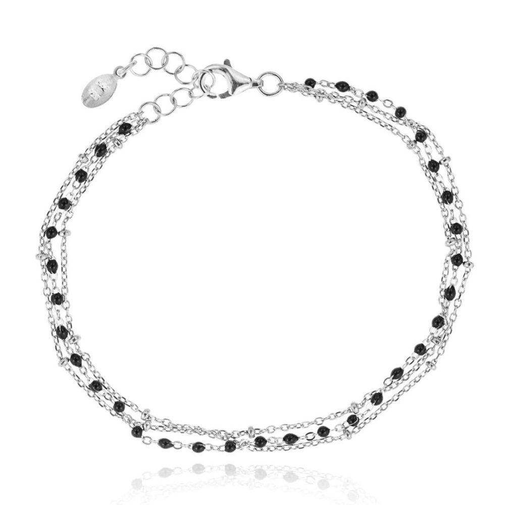 Simply Me/Tiny Shiny Double Chain Bracelet W/ Black Enamel Beads- Silver Bracelets