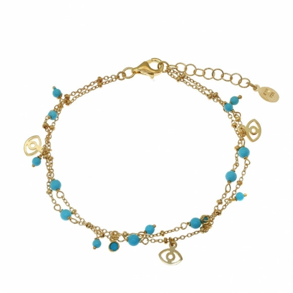 Simply Me/Tiny Shiny Double Chain Bracelet W/ Turquoise Enamel Beads- Gold Bracelets