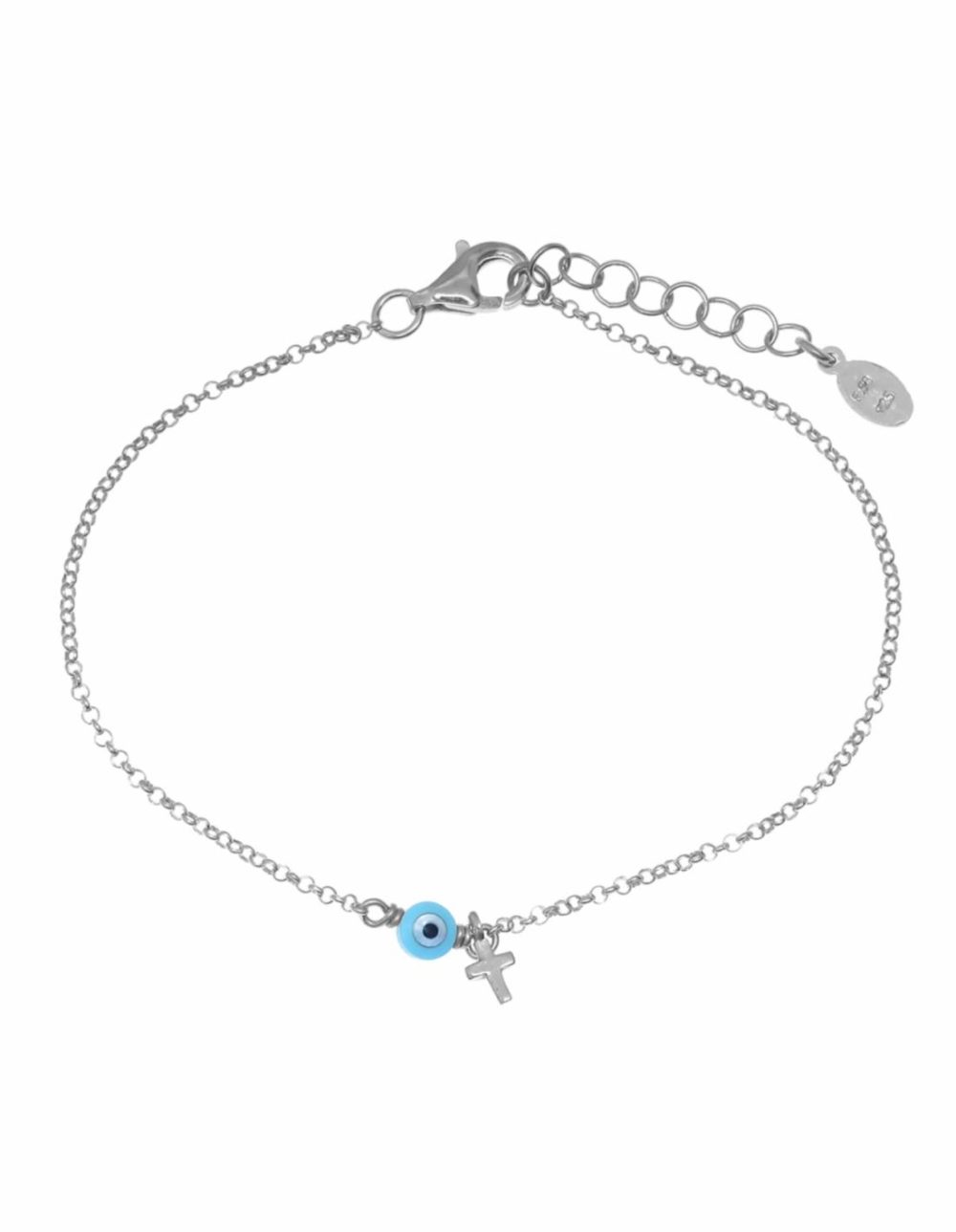 Tiny Shiny Bracelet W/ Cross & Evil Eye – Silver Bracelets