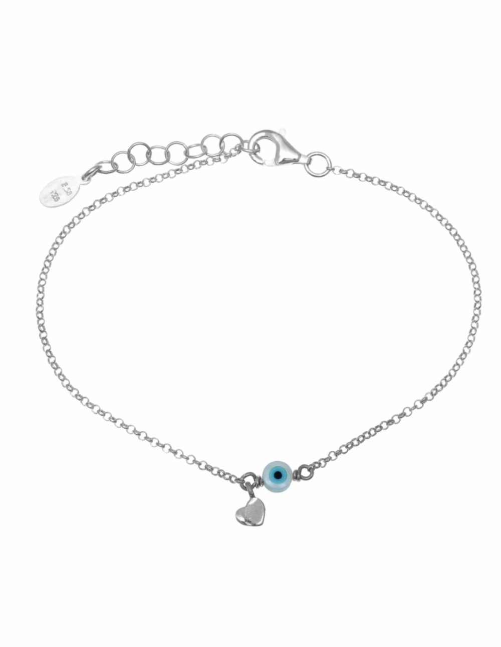 Tiny Shiny Bracelet W/ Heart & Evil Eye – Silver Bracelets