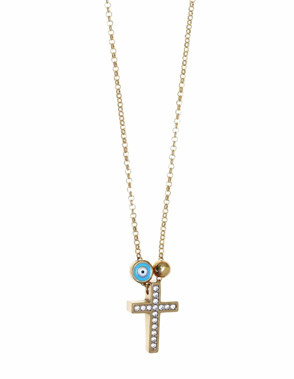 Tiny Shiny Cross Necklace W/ Evil Eye & White Zirconia – Gold Jewellery