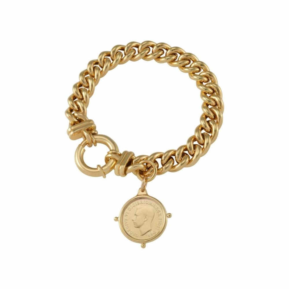 Yg Plated Small Mama Bracelet W/ Authentic Australian Sixpence Coin In Compass Frame Bracelets